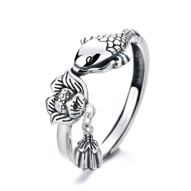 S925 Silver Ring Girl Retro Ethnic Carp Lotus Tassel Food Ring Couple Adjustable Ring For Girl