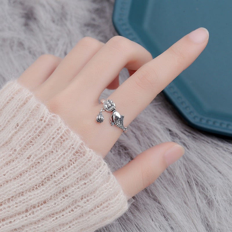 S925 Silver Ring Girl Retro Ethnic Carp Lotus Tassel Food Ring Couple Adjustable Ring For Girl