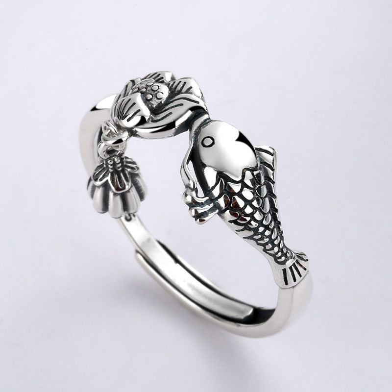 S925 Silver Ring Girl Retro Ethnic Carp Lotus Tassel Food Ring Couple Adjustable Ring For Girl